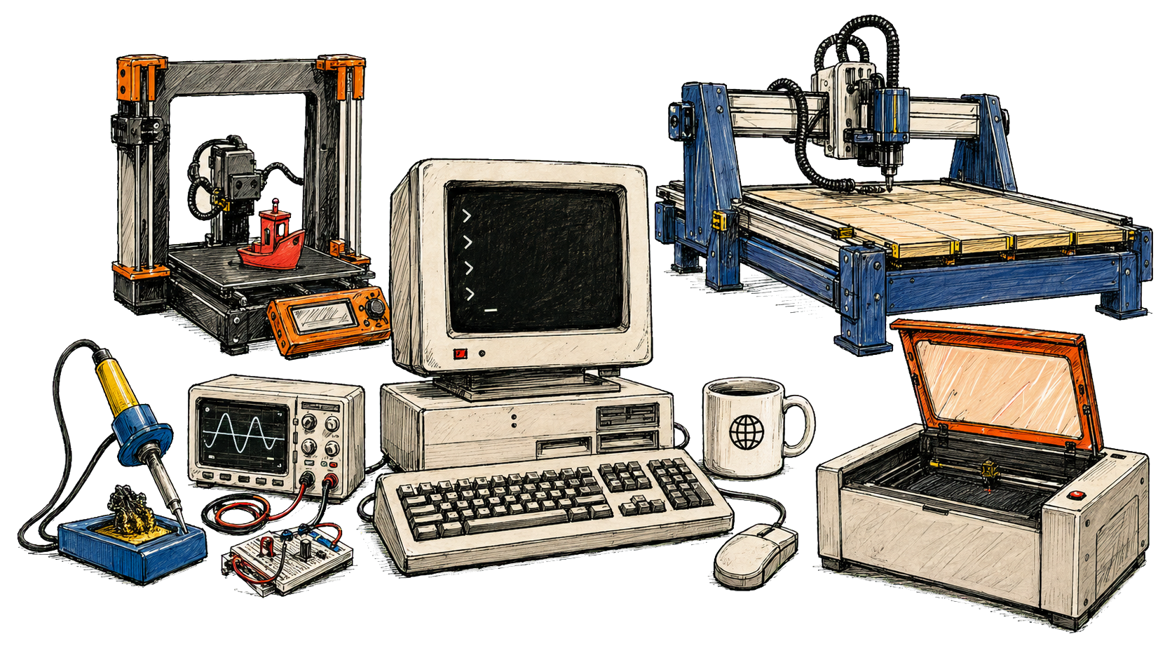 Illustration of East Bay Makers Club tools including a 3D printer, electronics bench, computer, CNC router, laser cutter, and mug.